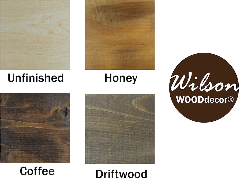 Puede incluir: Cuatro muestras de madera que muestran diferentes colores de tinte: Sin terminar, Miel, Caf&eacute; y Madera a la deriva. El logotipo de Wilson WOODdecor est&aacute; en el fondo.