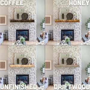 Puede incluir: Cuatro estantes de chimenea de madera diferentes, cada uno con un color de tinte diferente: caf&eacute;, miel, sin terminar y madera a la deriva. Los estantes est&aacute;n montados sobre una chimenea de ladrillo blanco.
