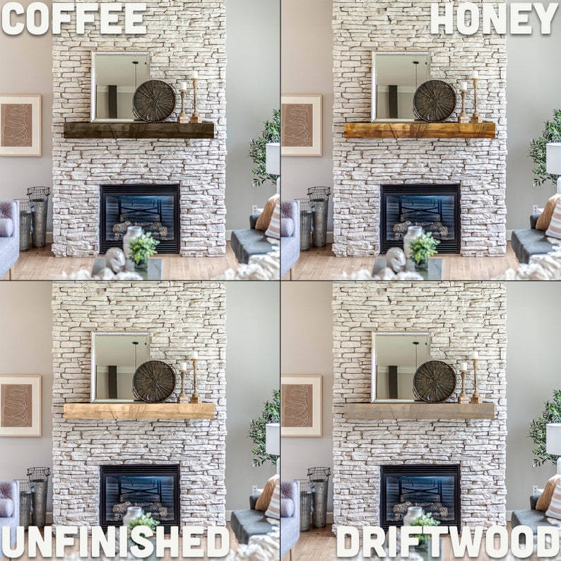 Puede incluir: Cuatro estantes de chimenea de madera diferentes, cada uno con un color de tinte diferente: caf&eacute;, miel, sin terminar y madera a la deriva. Los estantes est&aacute;n montados sobre una chimenea de ladrillo blanco.
