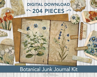 Kit de diario botánico vintage, 204 piezas, descarga digital imprimible