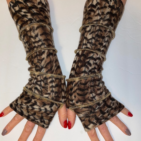 Brown arm warmer, fingerless gloves, katwise gloves, free shipping, animal printed gloves