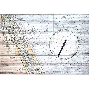 May include: A rectangular wall clock featuring a nautical chart of the Florida coastline printed on a wood-plank background. The clock face displays a circular tide indicator with the text High Tide, Falling, Low Tide, and Rising around a single black hand.