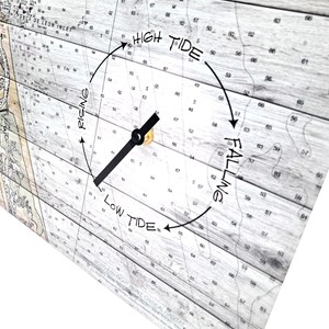 May include: A tide clock featuring a nautical chart background with a wood grain texture. The face displays the text High Tide, Low Tide, Rising, and Falling with arrows indicating the cycle. A single black hand is centered on the clock face.