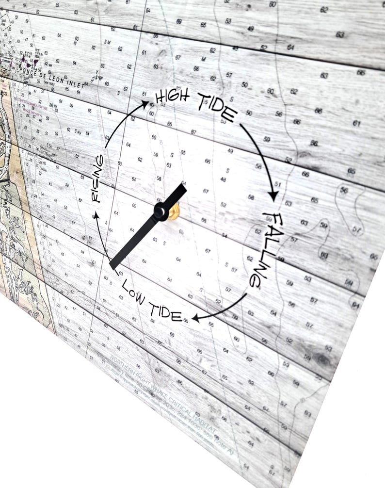 May include: A tide clock featuring a nautical chart background with a wood grain texture. The face displays the text High Tide, Low Tide, Rising, and Falling with arrows indicating the cycle. A single black hand is centered on the clock face.