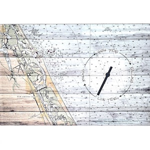 May include: A rectangular wooden tide clock featuring a nautical chart of the New Smyrna Beach area. The face displays depth soundings, land contours, and a circular indicator with the text High Tide, Falling, Low Tide, and Rising around a black hand.