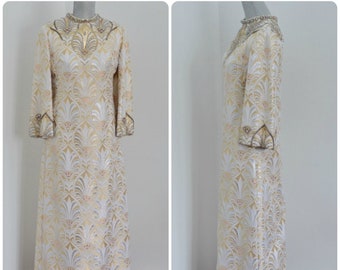 60s Custom Made Cream + Gold Holt Renfrew Dress | One of a Kind Wedding Gown | Aurora Borealis Rhinestones + Metallic Sequins | Unique Bride