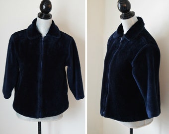Stunning 70s-80s Faux Fur Coat | Navy Blue Teddy Bear Jacket | Size S-M, Petite, Junior, 3/4 Length Sleeves, Cute Collar, Sherpa, Cozy, Gift