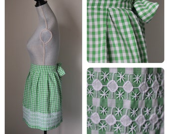 Cute 50s Style Half Apron | Kelly Green + White Cotton Gingham Apron with Hand Embroidered Details + Pocket | Housewarming | Retro Kitchen