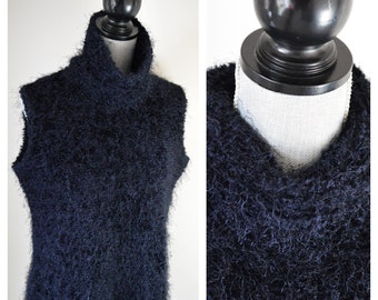 90s Fuzzy Turtleneck Tank Top | Navy Blue Tank Top | Size Large | Extra Fuzzy 90s Top | Layering Tank Top | Winter Shirt | Gift for Her