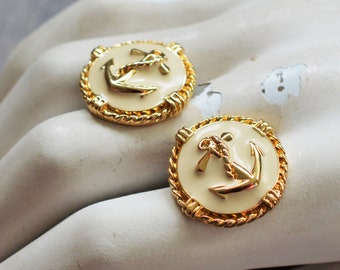 80s-90s Nautical Earrings | Cream + Gold-Tone Earrings | Anchor, Yachting, Captain, Vacation, Gift for Her, Sexy, Elegant, Pierced Ears