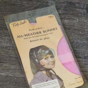 Mod 60s-70s New in Package Pink All Weather Bonnet, Hairstyle Protector, Waterproof Cap, Gag Gift, Plastic Bonnet, Hood, Colorful image 1