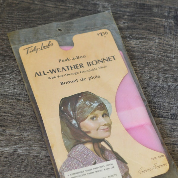 Mod 60s-70s New in Package Pink "All Weather Bonnet", Hairstyle Protector, Waterproof Cap, Gag Gift, Plastic Bonnet, Hood, Colorful