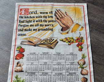 80s Religious, Prayer Tea Towel | Calendar 1981, Hands in Prayer, Kitchen, Vegetables, English, French, Bilingual, Birthday Gift