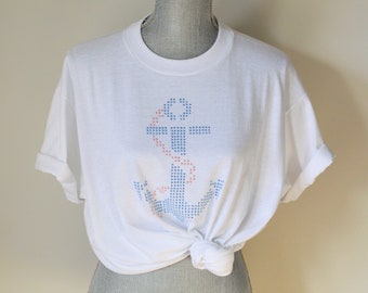 90s Graphic Tee | Hand Painted, Puff Painted, Opalescent Baby Blue + Pastel Pink Cotton Blend T|Shirt with Nautical Dot Anchor Design, Gift