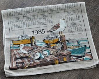 80s Unbleached Pure Linen Tea Towel | Seaside, Nautical, East Coast, 1985 Calendar, 1985 Baby, Birthday, Ocean, Beach, Fisherman, Seagull