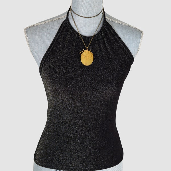 Y2K Metallic Halter Top | Black Top with Gold + Silver Sparkles | Fitted Top | Size Small-Medium | NYE Look | Gift for Her | 90s Fashion