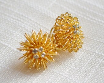 Fabulous Gold-tone Kinetic Clip-On Earrings with Pale Blue Rhinestones | Circa 1960s | Bird Nest/Sea Urchin Shape, Excellent Quality, Beach