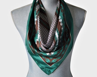 60s Square Chain Print Scarf | Lightweight Scarf | Green + Brown Scarf | Retro Scarf | Acetate Scarf | Made In Japan Scarf | Spring Fashion