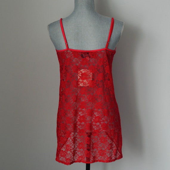 90s Cherry Red Sheer Camisole | Lace Split Front … - image 8