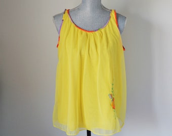 60s Yellow Baby Doll Lingerie Top | Sleep Top with Rainbow Trim + Flowers | Nightie Top | Size Large | Sweet, Sexy, Cute, Fun, Gift for Her