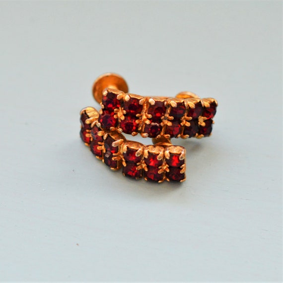 60s Cranberry Red Rhinestone Clip-On Earrings in … - image 1