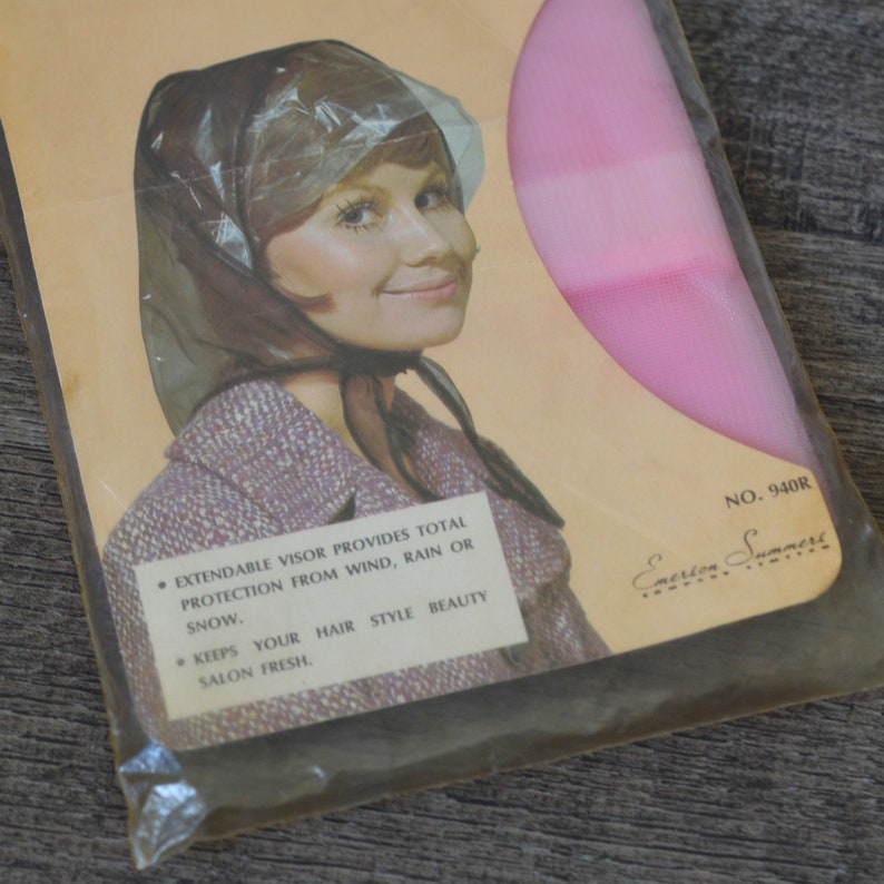 Mod 60s-70s New in Package Pink All Weather Bonnet, Hairstyle Protector, Waterproof Cap, Gag Gift, Plastic Bonnet, Hood, Colorful image 2