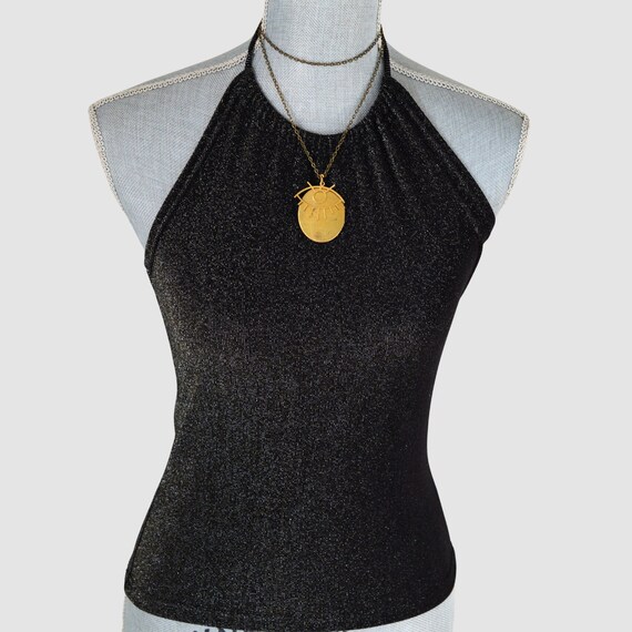 Y2K Metallic Halter Top | Black Top with Gold + S… - image 1