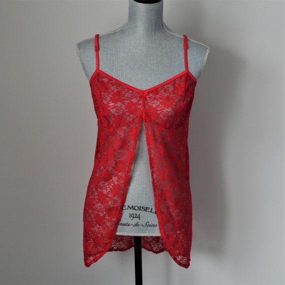 90s Cherry Red Sheer Camisole | Lace Split Front … - image 2
