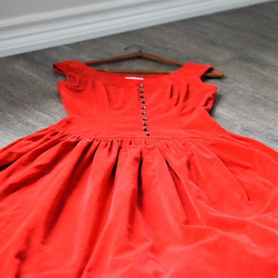 50s Red Velvet Dress | Crimson Red Circle Skirt |… - image 7