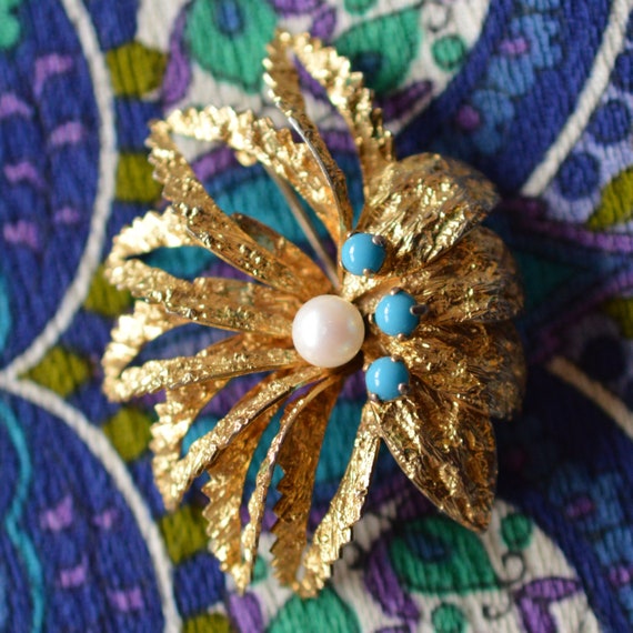 80s Abstract Floral Brooch | Faux Pearl + Turquoi… - image 6