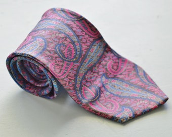 70s SILK Paisley Men's Necktie | Pink, Blue, Grey Print | Timeless, Classic, Groom, Groomsman, Father's Day, Gift for Him By H Halpern Esq.