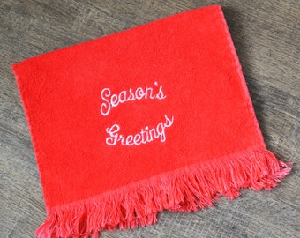 Christmas Towel | 80s Terry Cloth Towel | Season's Greetings | Bar Towel | Merry Christmas, Nostalgia, Red, White, Xmas | Kitchen Decor