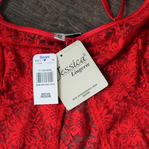 90s Cherry Red Sheer Camisole | Lace Split Front … - image 9