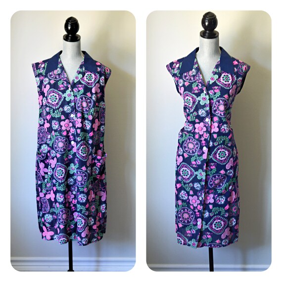 70s Floral Sleeveless Shirt Dress with Bold Colla… - image 1