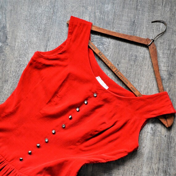 50s Red Velvet Dress | Crimson Red Circle Skirt |… - image 2