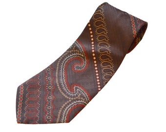 Men's Neck Tie by Fitterie | Chocolate Brown with Burnt Orange, Tan, and Cream Paisley & Dot Pattern | Circa 1970-80s