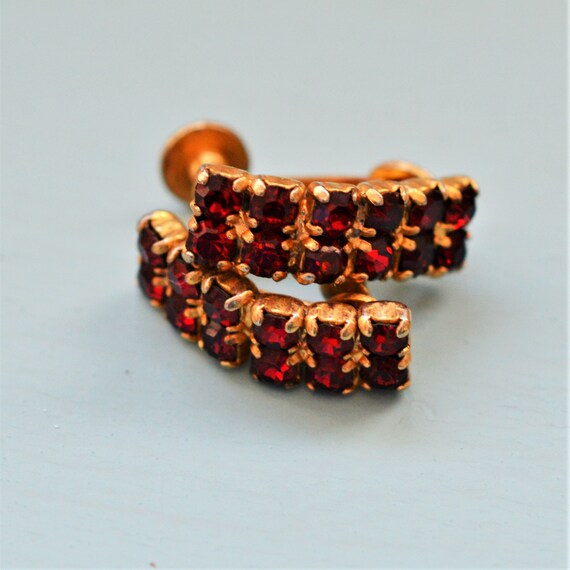 60s Cranberry Red Rhinestone Clip-On Earrings in … - image 5