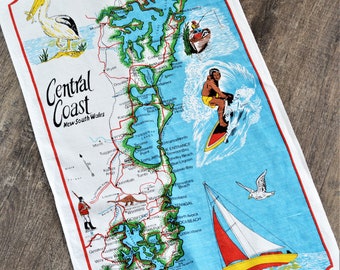 80s Pure Linen Tea Towel featuring New South Wales, Central Coast | Surfer, Pelican, Sailboat, Traveler, Souvenir, Tropical, Australia, Gift