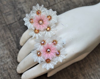 60s Snowflake Clip On Earrings | Large Holiday Earrings | 3D Pink + White Plastic with Aurora Borealis Rhinestones | Statement, Mod, Holiday