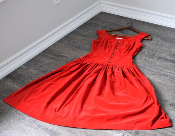 50s Red Velvet Dress | Crimson Red Circle Skirt |… - image 10