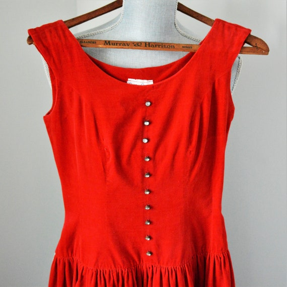 50s Red Velvet Dress | Crimson Red Circle Skirt |… - image 1