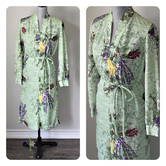 Vintage Dress 70s Sage Green Dress Gorgeous Flora… - image 1