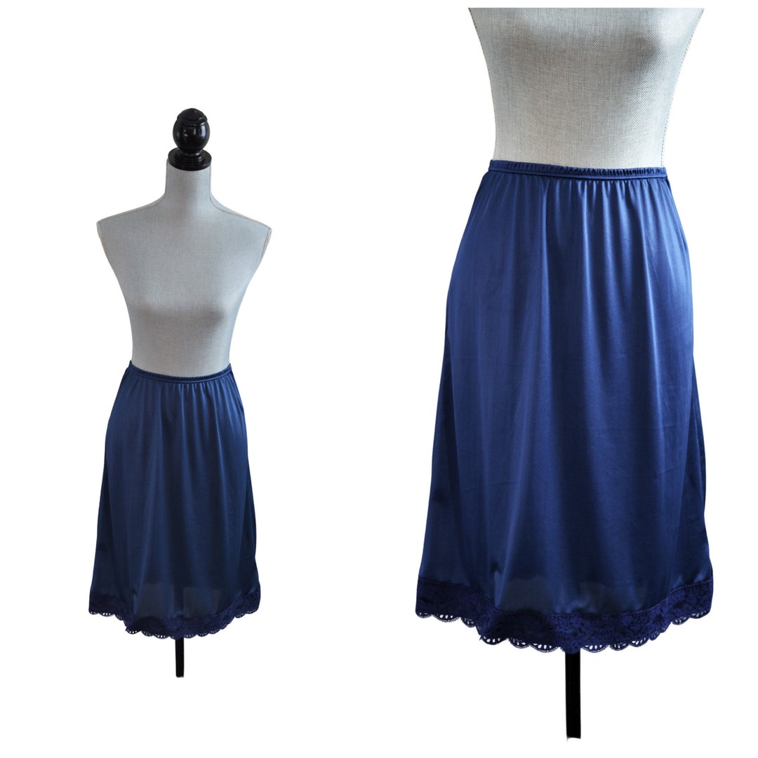 70s Navy Blue Half Slip With Floral Lace Trim Classic Half Slip Sexy