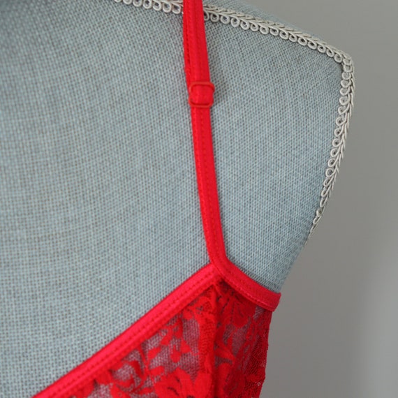 90s Cherry Red Sheer Camisole | Lace Split Front … - image 6