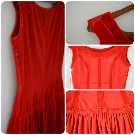 50s Red Velvet Dress | Crimson Red Circle Skirt |… - image 9