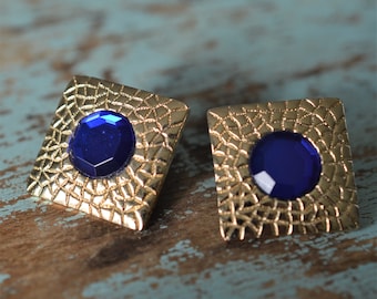 80s Large Square Earrings with Cobalt Blue Rhinestones by Park Lane | 80s Pierced Ear Earrings | Textured Earrings | Fun Look | Gift for You