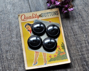 Set of 4 Two Hole Black Buttons from the 50s-60s | Gorgeous Advertising Graphics, NOS, Never Used, New, Seamstress, Sewing, Matching Set