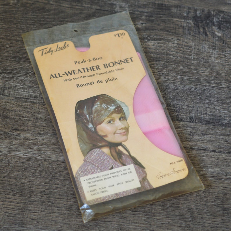 Mod 60s-70s New in Package Pink All Weather Bonnet, Hairstyle Protector, Waterproof Cap, Gag Gift, Plastic Bonnet, Hood, Colorful image 1