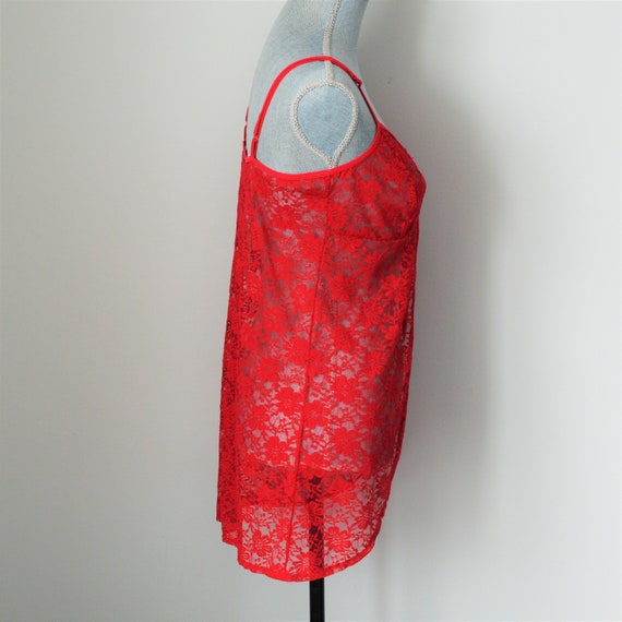 90s Cherry Red Sheer Camisole | Lace Split Front … - image 7