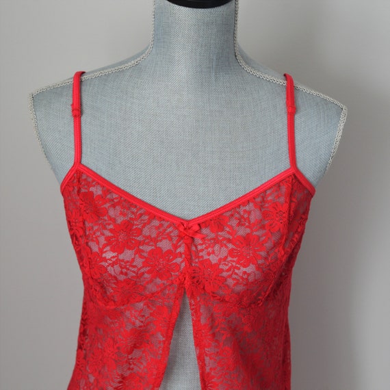 90s Cherry Red Sheer Camisole | Lace Split Front … - image 3